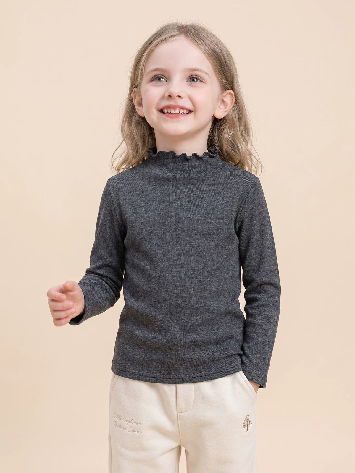 Girls Half-Turtleneck Base Layer - Lettuce-Edge Long-Sleeve Top