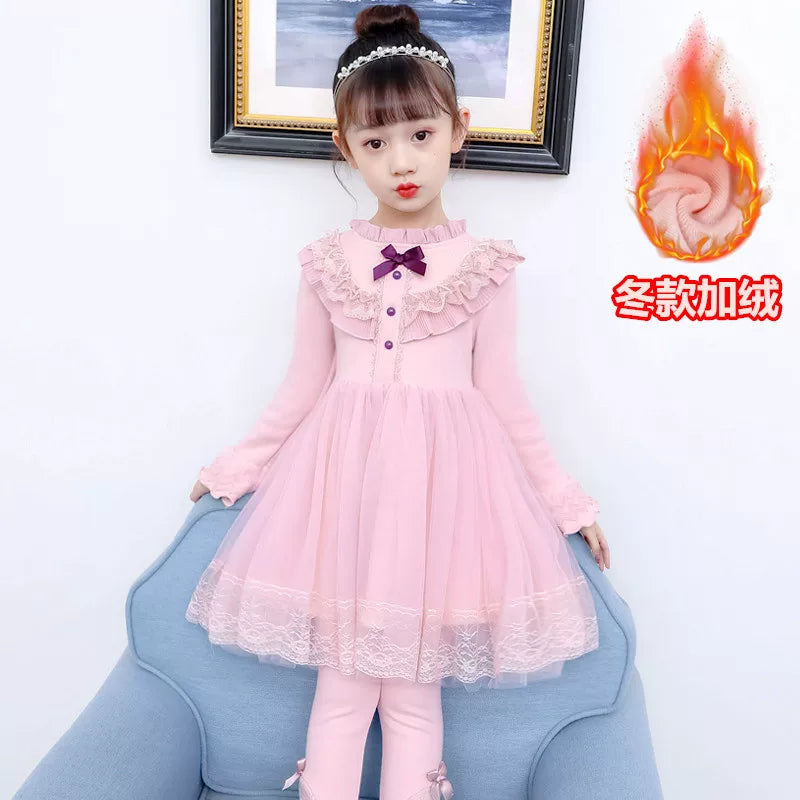 Girls Fleece-Lined Tulle Princess Dress - Three-Button Long-Sleeve Gown with Legging Options