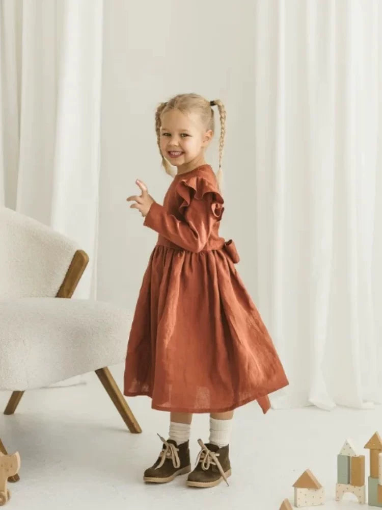 Girls Nordic Linen Dress - Classic Long-Sleeve Autumn