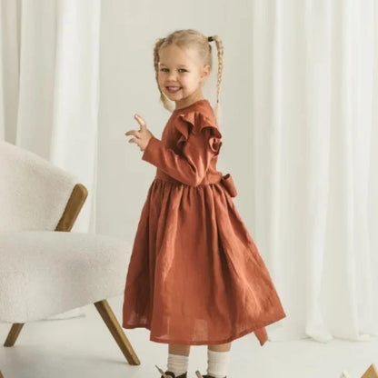 Girls Nordic Linen Dress - Classic Long-Sleeve Autumn