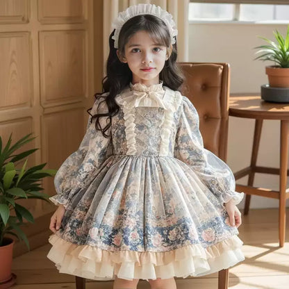 Girls Floral Lolita Dress - Puffy Birthday Princess Gown, Unlined or Fleece-Lined