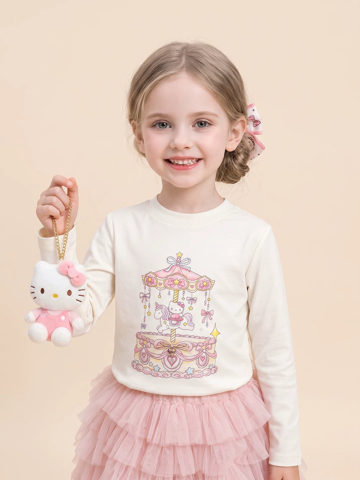 Girls Cartoon Cardigan Three-Piece Set - Knit Top & Tiered Skirt
