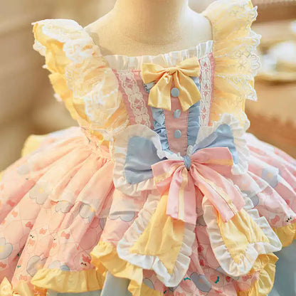 Girls Short-Sleeve Lolita Cake Dress - Pink Birthday Puff Gown