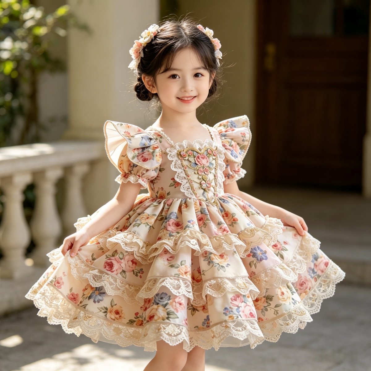 Girls Floral Couture Lolita Dress - Embroidered Birthday Princess Gown with Hair Accessory Option