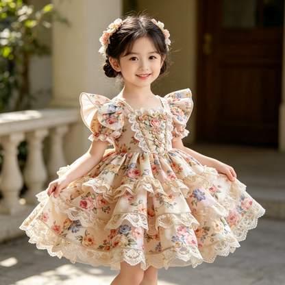 Girls Floral Couture Lolita Dress - Embroidered Birthday Princess Gown with Hair Accessory Option