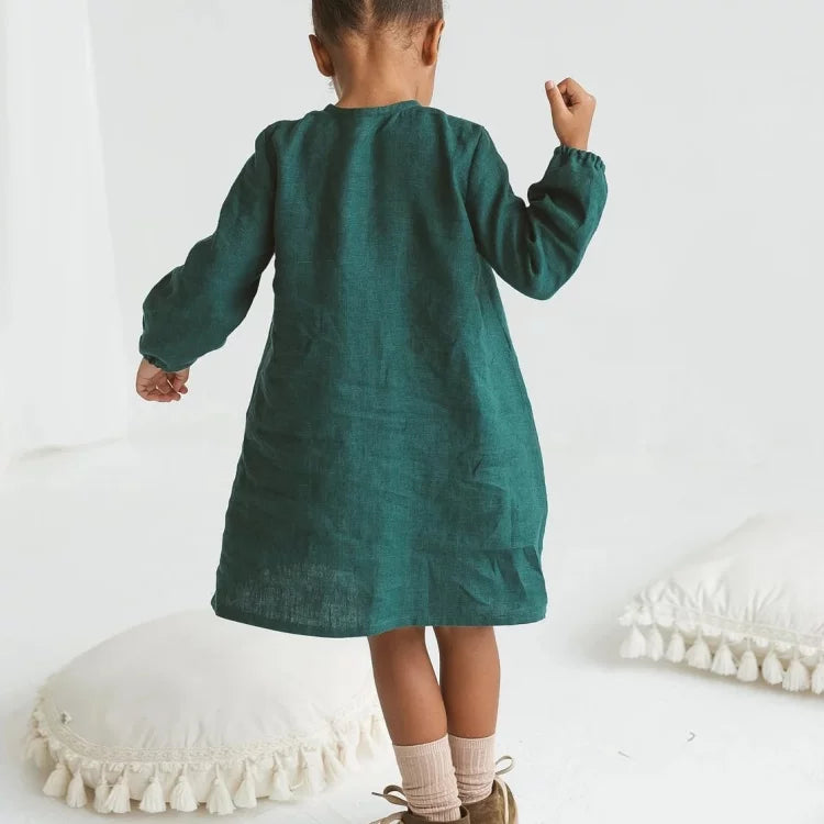 Girls Nordic Linen Dress - Euro-Style Deep Green
