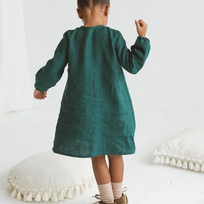 Girls Nordic Linen Dress - Euro-Style Deep Green