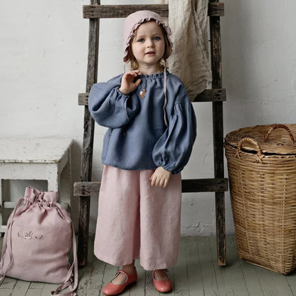 Girls Nordic Linen Shirt & Pants Set - Blue-Grey & Pink