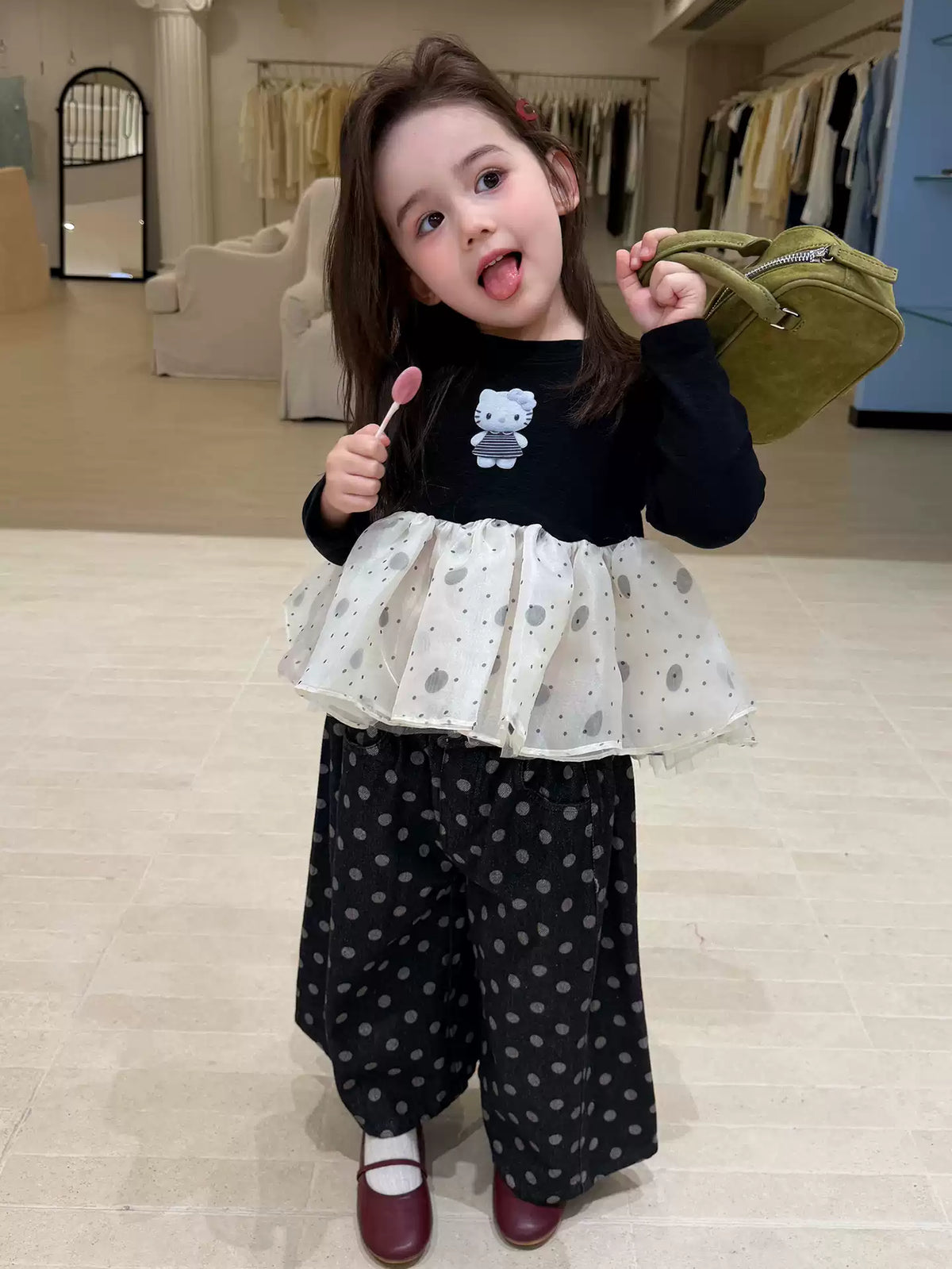 Girls Mesh-Panel Kitty Top & Polka Dot Pants Set - Sweet Autumn Two-Piece