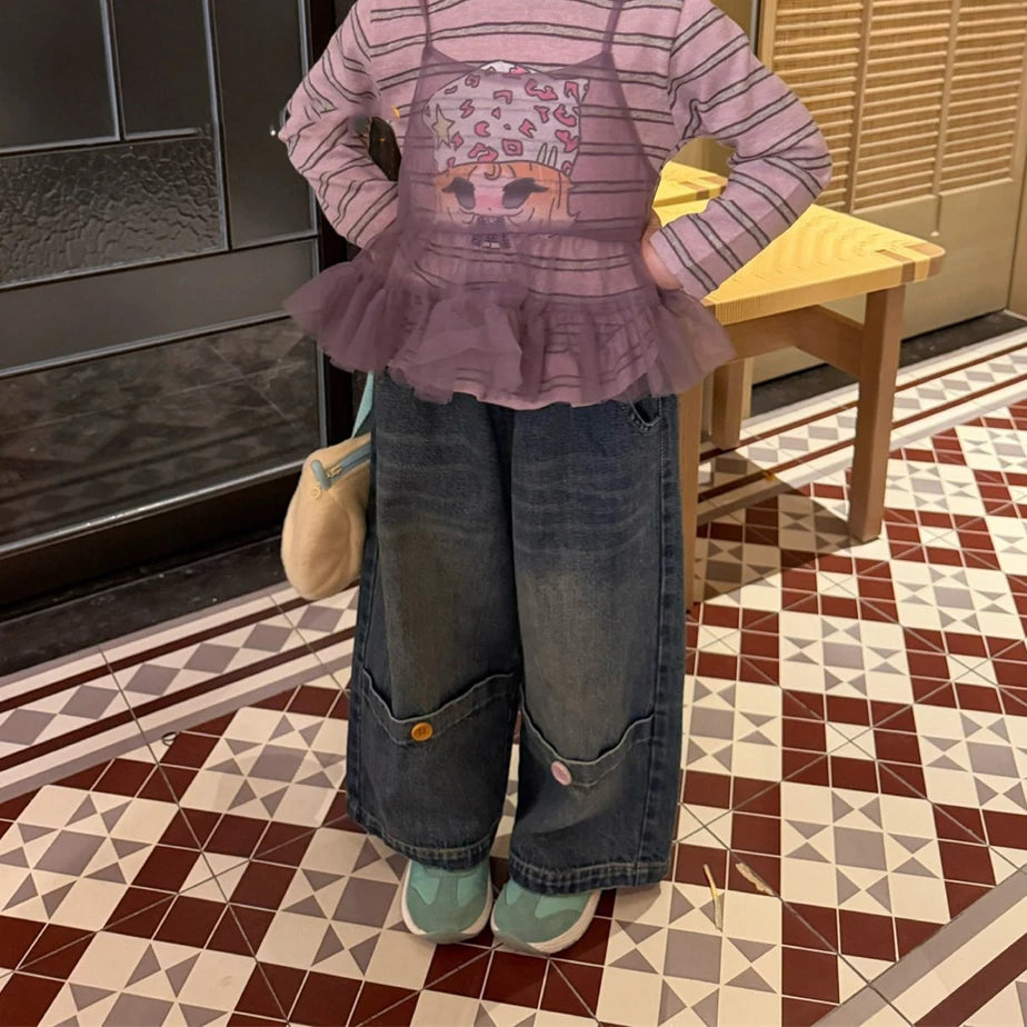 Girls Taro-Purple Layered Top & Jeans Set - Ruffle-Hem Autumn Separates
