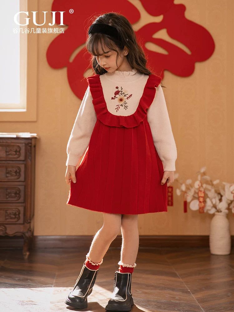 Girls Preppy Knit Sweater Dress - Embroidered Long-Sleeve Midi