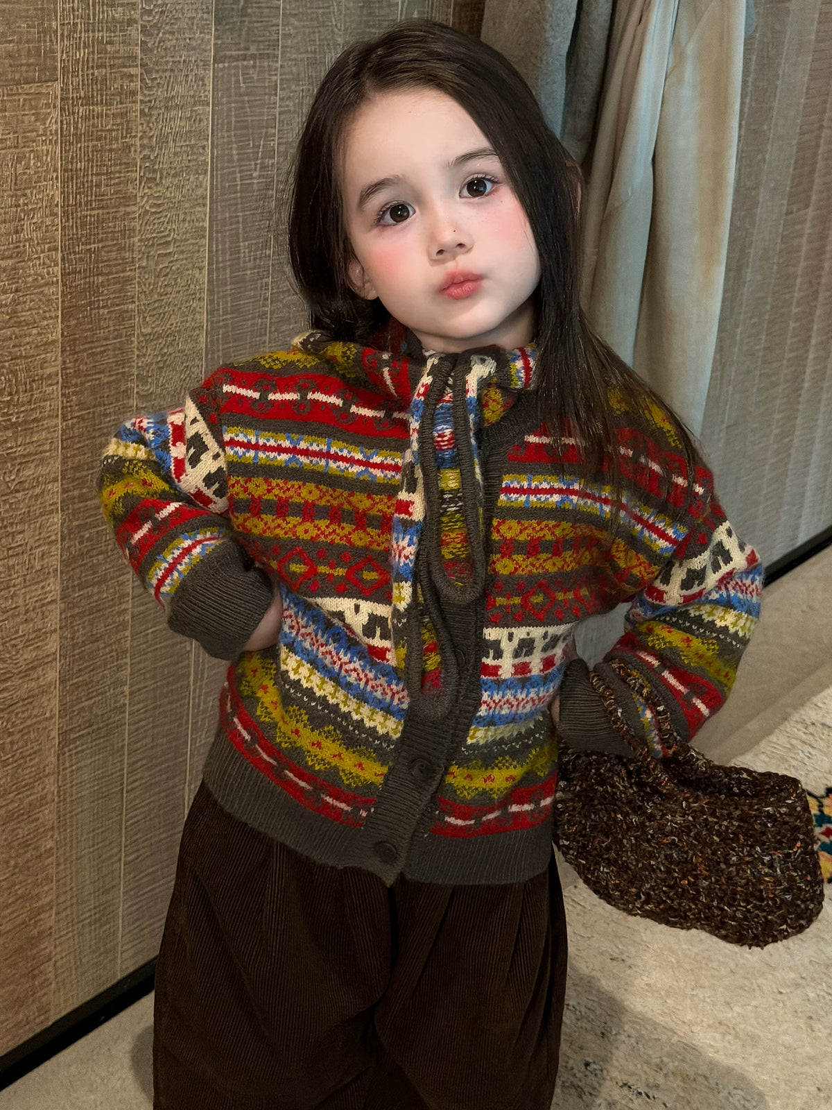 Girls Fair Isle Knit Cardigan & Corduroy Pants Set - Retro Autumn