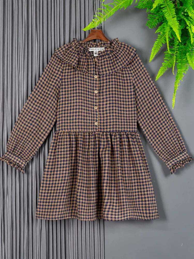 Girls Nordic Linen Dress - Brown Stripe Long-Sleeve