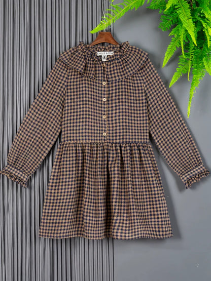 Girls Nordic Linen Dress - Brown Stripe Long-Sleeve