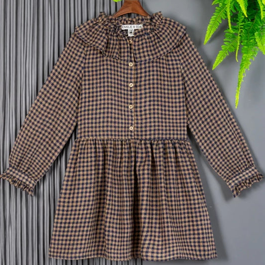 Girls Nordic Linen Dress - Brown Stripe Long-Sleeve