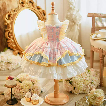 Girls Short-Sleeve Lolita Cake Dress - Pink Birthday Puff Gown