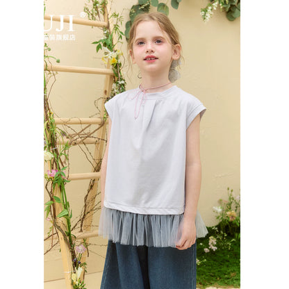 Girls Spliced Short-Sleeve Tee - Relaxed Summer Patchwork Top