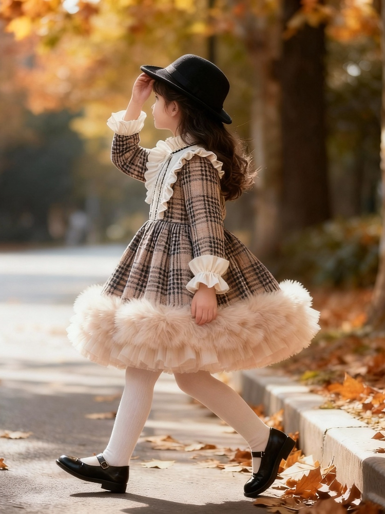 Girls Heiress-Style Fleece-Lined Lolita Dress - Retro Khaki Princess Gown