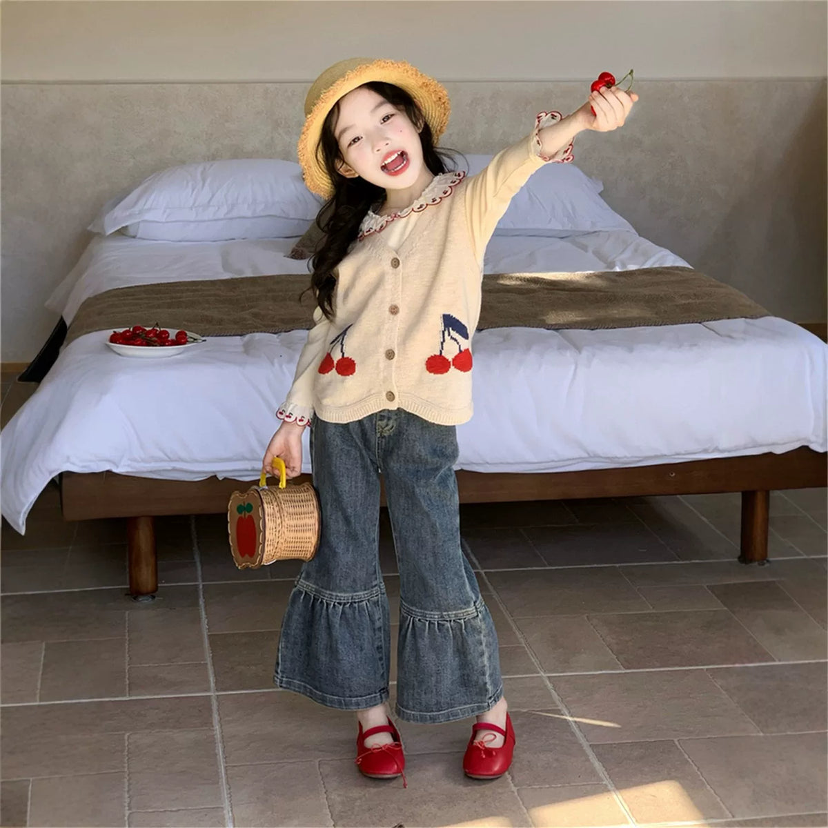 Girls Knit Vest, Tee & Jeans Three-Piece Set - Cherry Print Autumn Separates