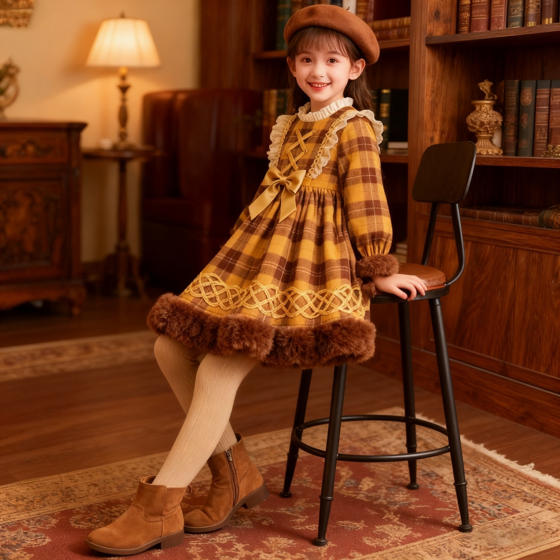 Girls Preppy Plaid Lolita Dress - Fleece-Lined Birthday Gown with Leggings Options