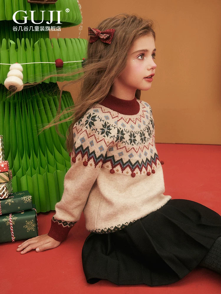 Girls Christmas Knit Sweater - Pom-Pom Festive Holiday Top