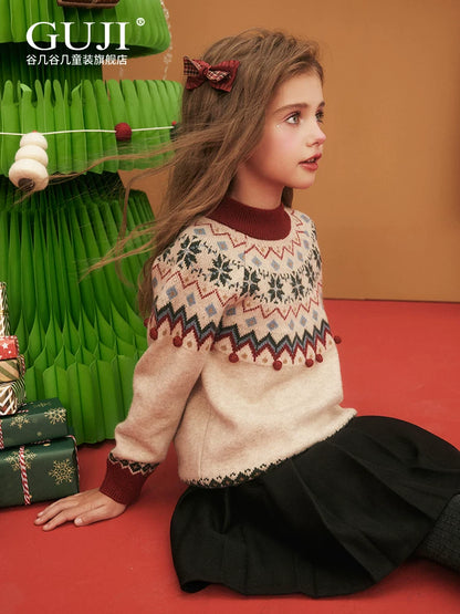 Girls Christmas Knit Sweater - Pom-Pom Festive Holiday Top