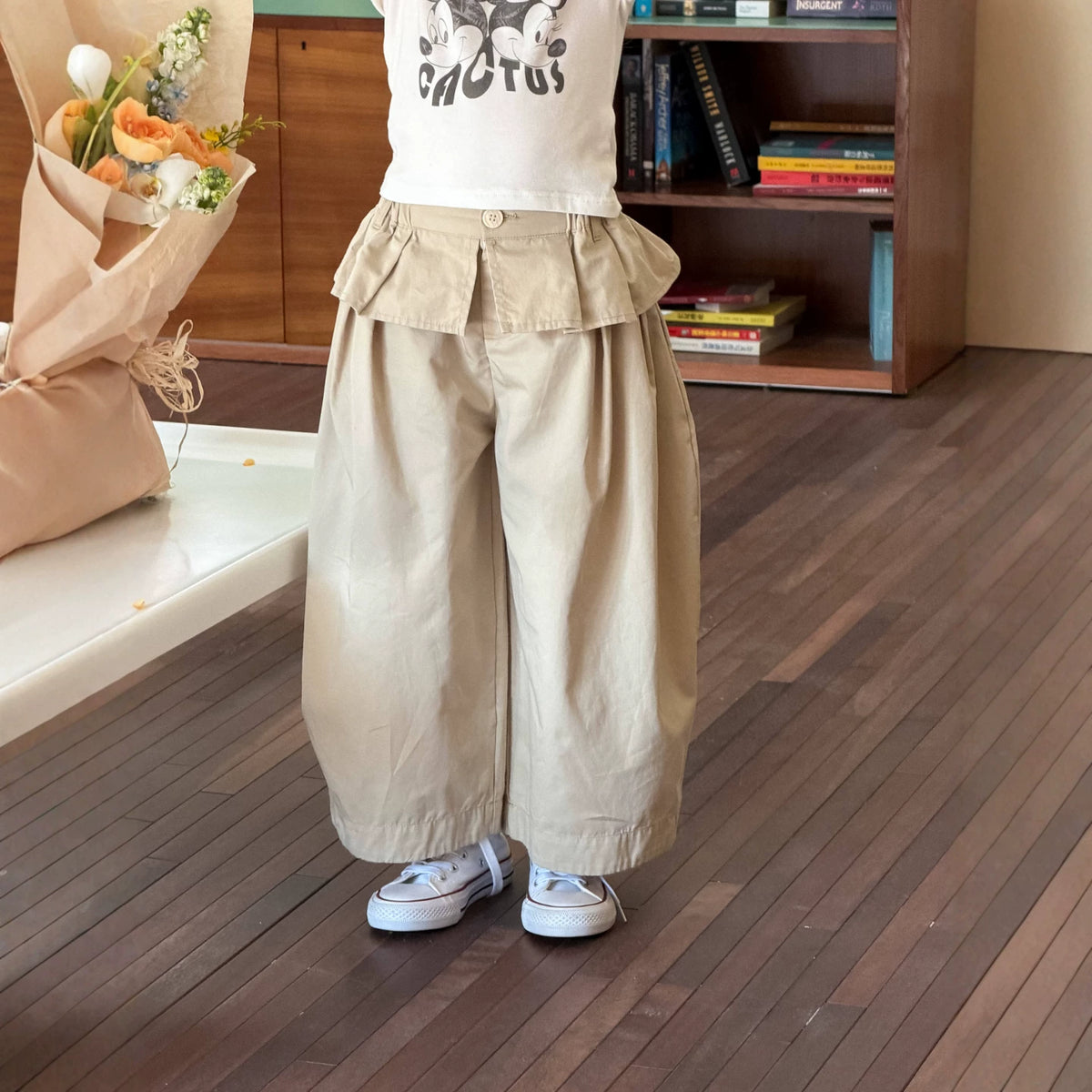 Girls Skirt-Panel Wide-Leg Pants - Curved-Cut Autumn Trousers