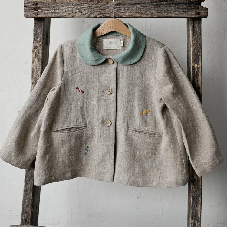 Girls Nordic Linen Shirt - Grey Embroidered Long-Sleeve