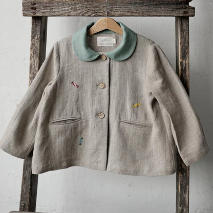 Girls Nordic Linen Shirt - Grey Embroidered Long-Sleeve