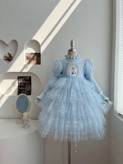 Girls Elsa-Blue Cake Dress - Fleece-Lined Birthday Princess Gown