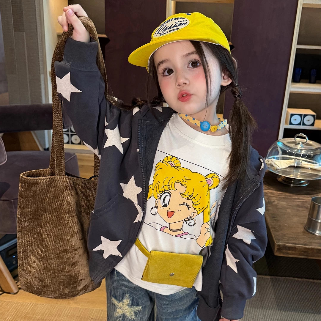 Girls Star Print Hooded Zip Cardigan, Tee & Jeans Set - Autumn Separates