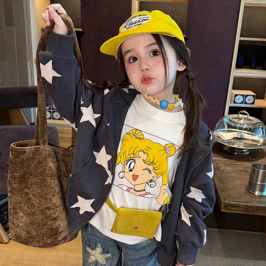 Girls Star Print Hooded Zip Cardigan, Tee & Jeans Set - Autumn Separates