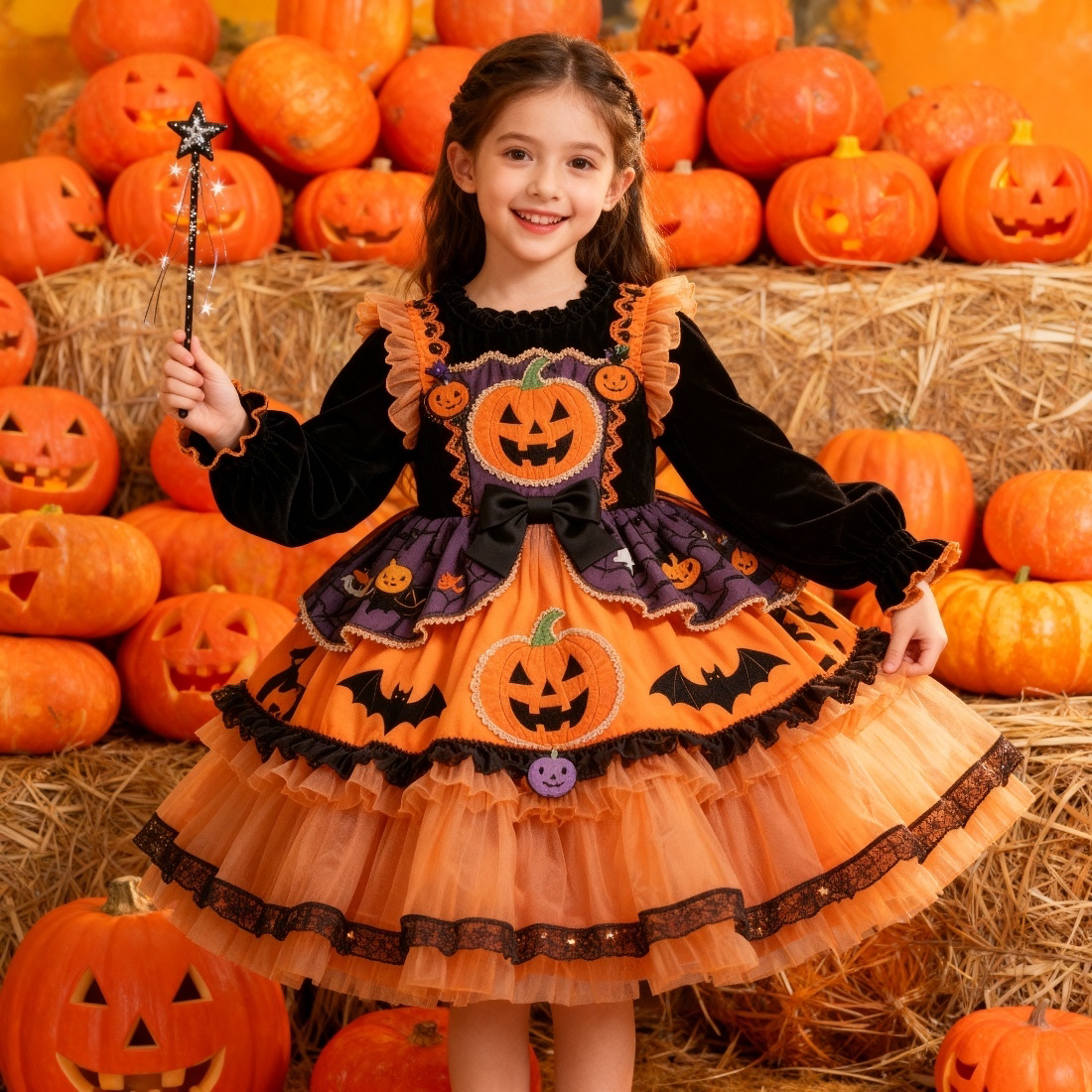 Girls Halloween Pumpkin Lolita Dress - Fleece-Lined Puffy Birthday Princess Gown