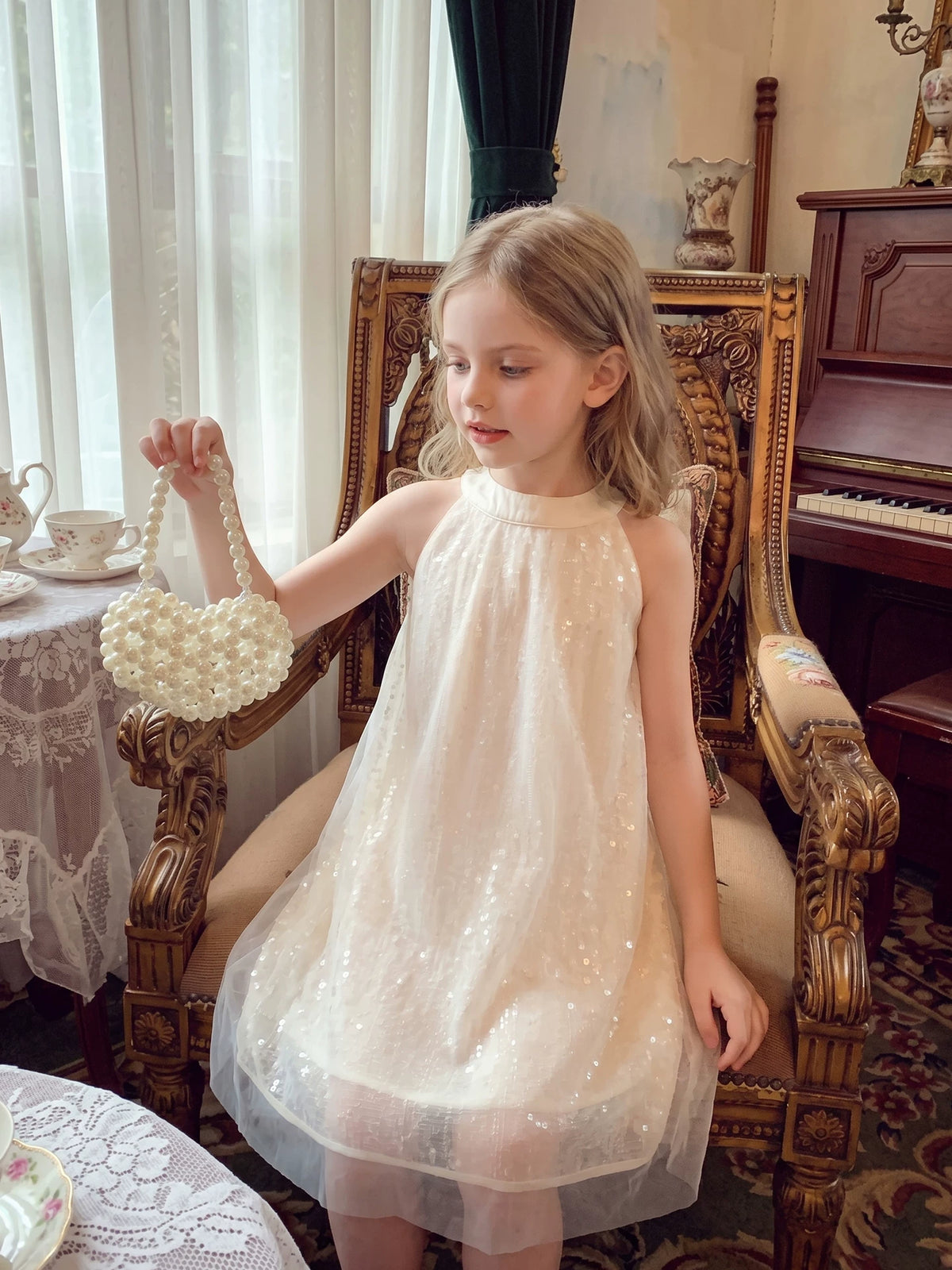 Girls Halter-Neck Sundress - Chic Mesh Princess Dress with Bow