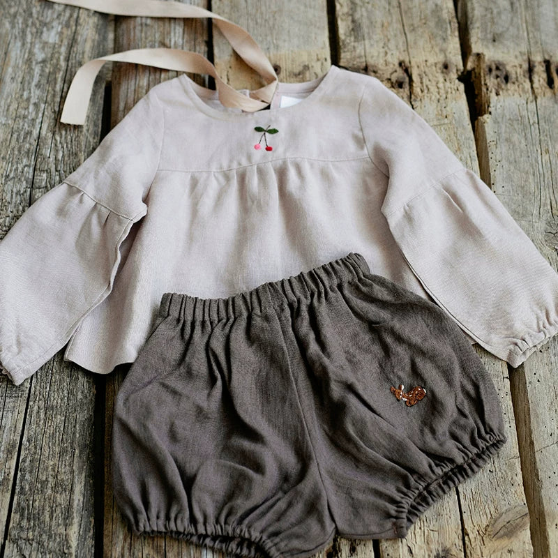 Alice-Style Pure Linen Bubble Shorts - Girls Summer Bottoms