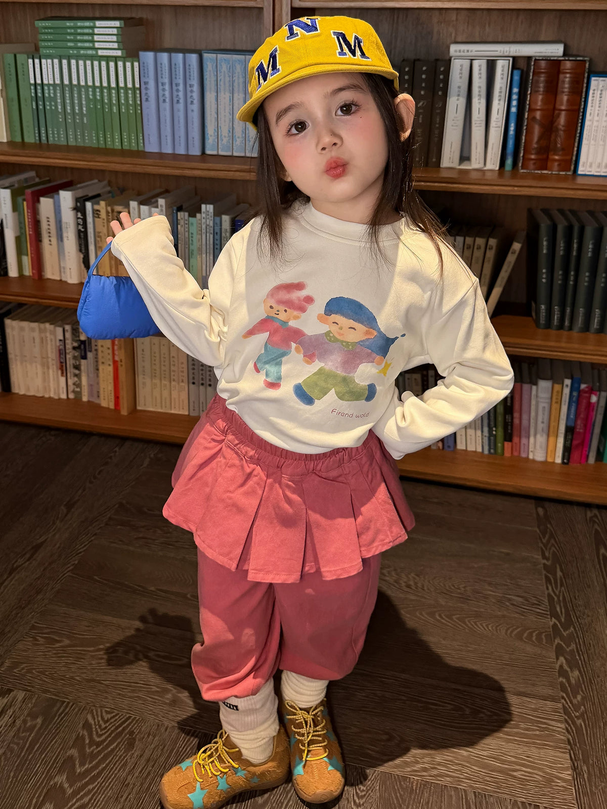 Girls Cartoon Print Tee & Skirt-Panel Pants Set - Korean Autumn Two-Piece