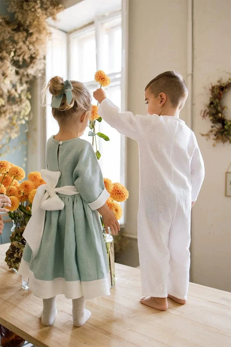 Girls Linen Midi Dress - Ins-Style Retro Three-Quarter Sleeve