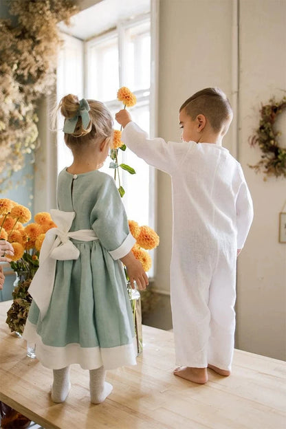 Girls Linen Midi Dress - Ins-Style Retro Three-Quarter Sleeve