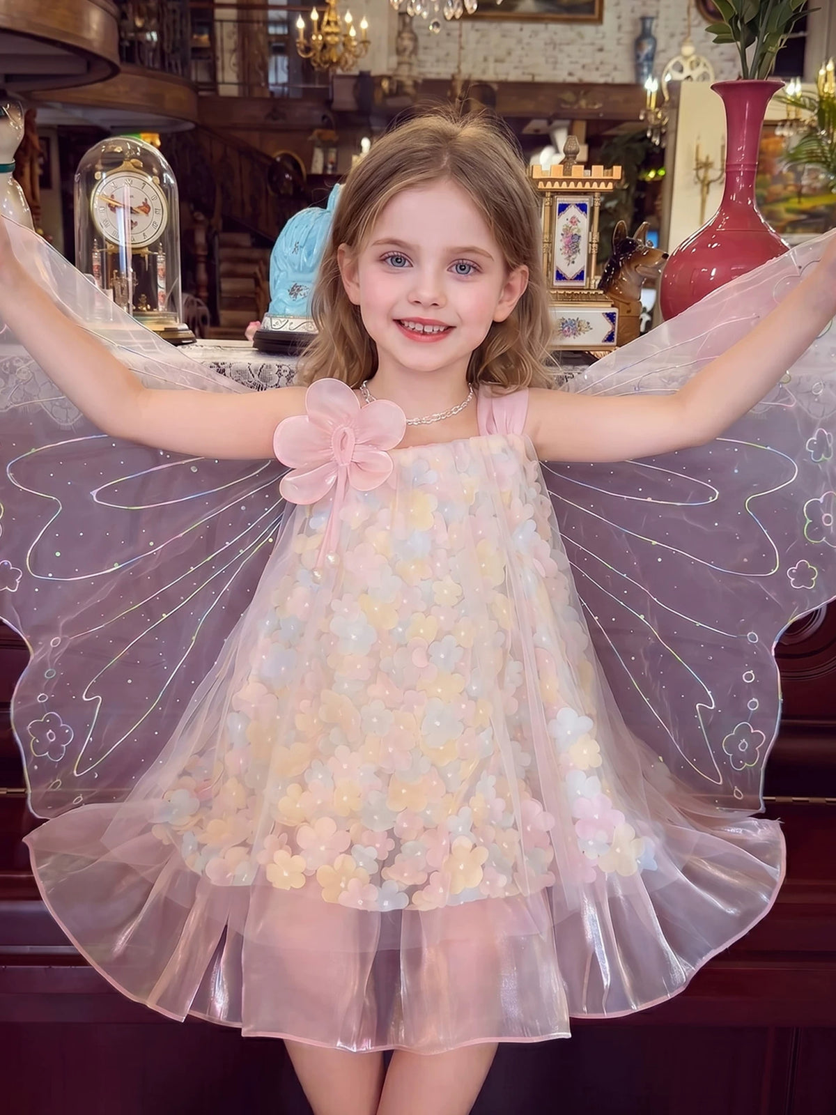 Girls Fairy Wing Sundress - Floral Tulle Princess Dress