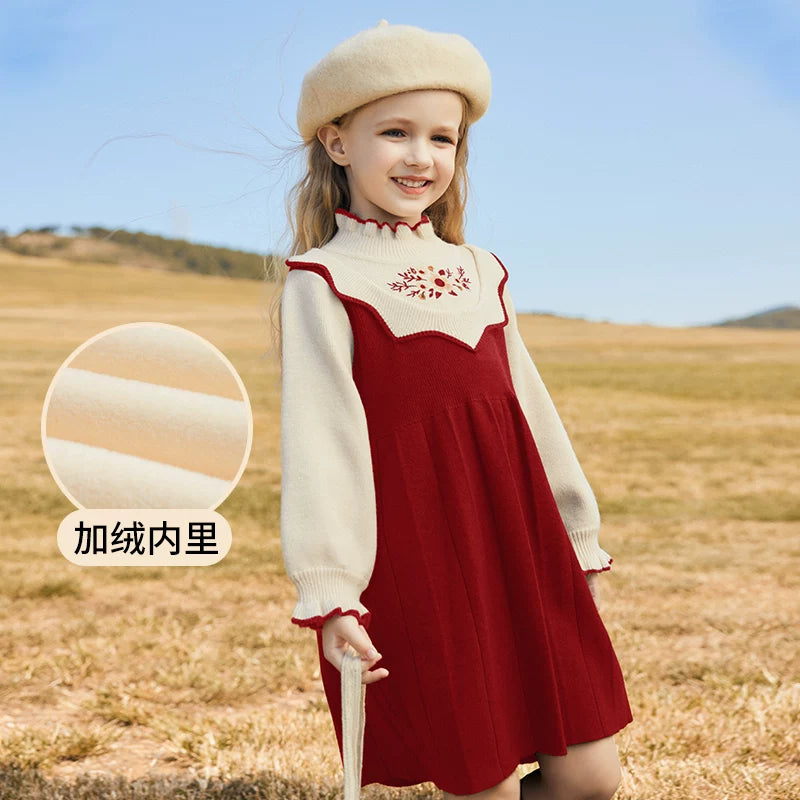 Girls Preppy Knit Sweater Dress - Embroidered Long-Sleeve Midi