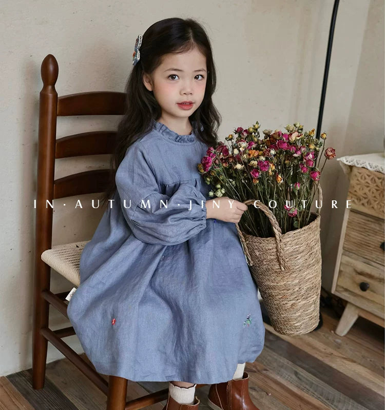 Pure Linen Lace-Collar Dress - Embroidered Long-Sleeve Autumn