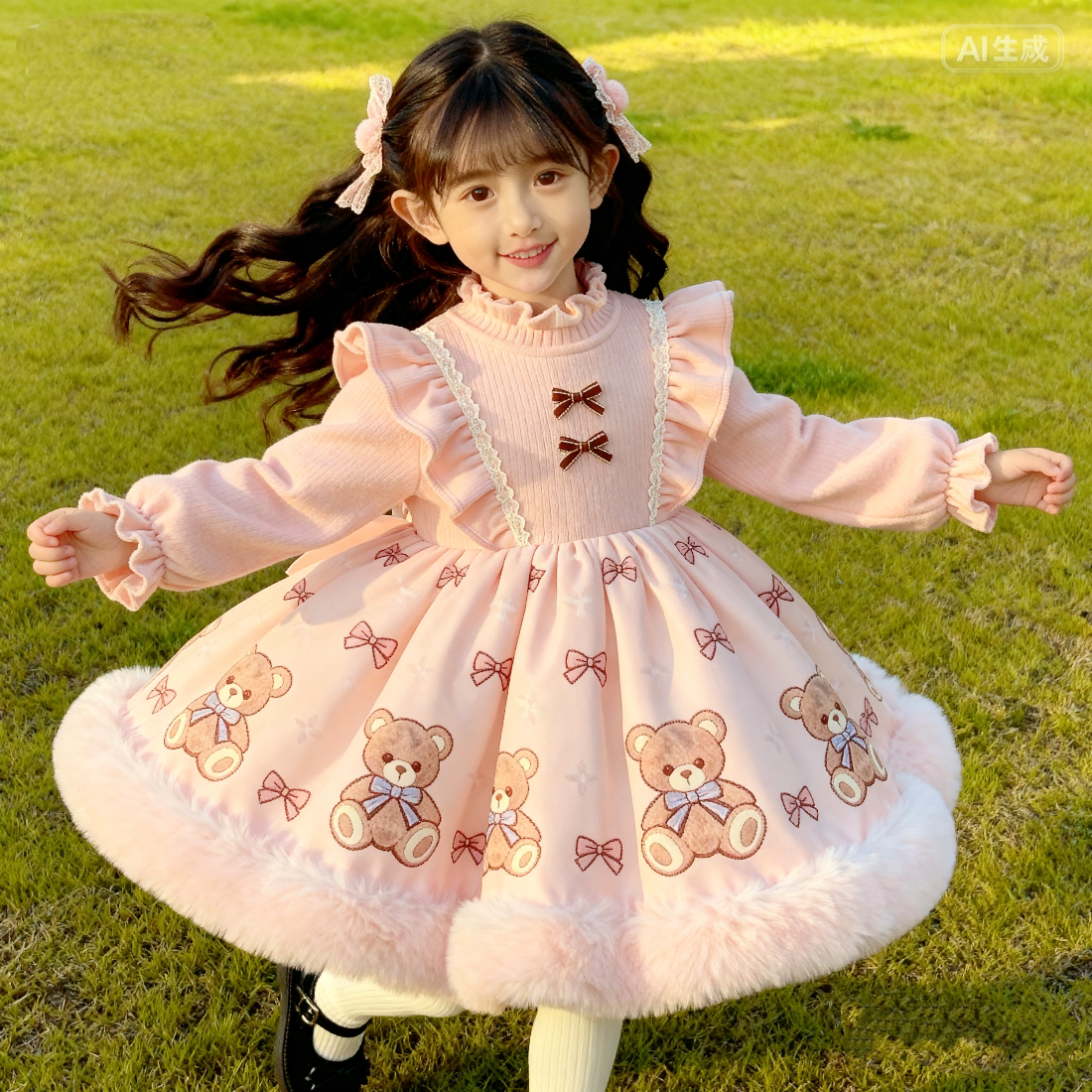 Girls Pink Bunny Fleece-Lined Lolita Dress - Sweet Birthday Princess Gown