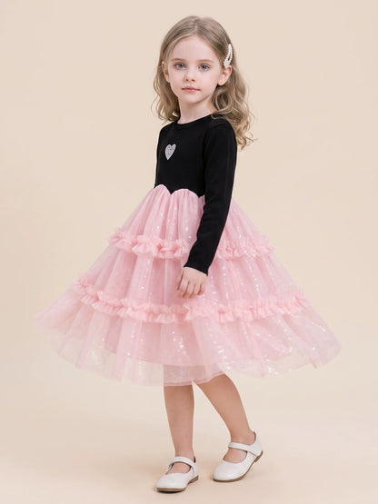 Girls Black Mesh-Panel Long-Sleeve Dress - Tiered Princess Dress