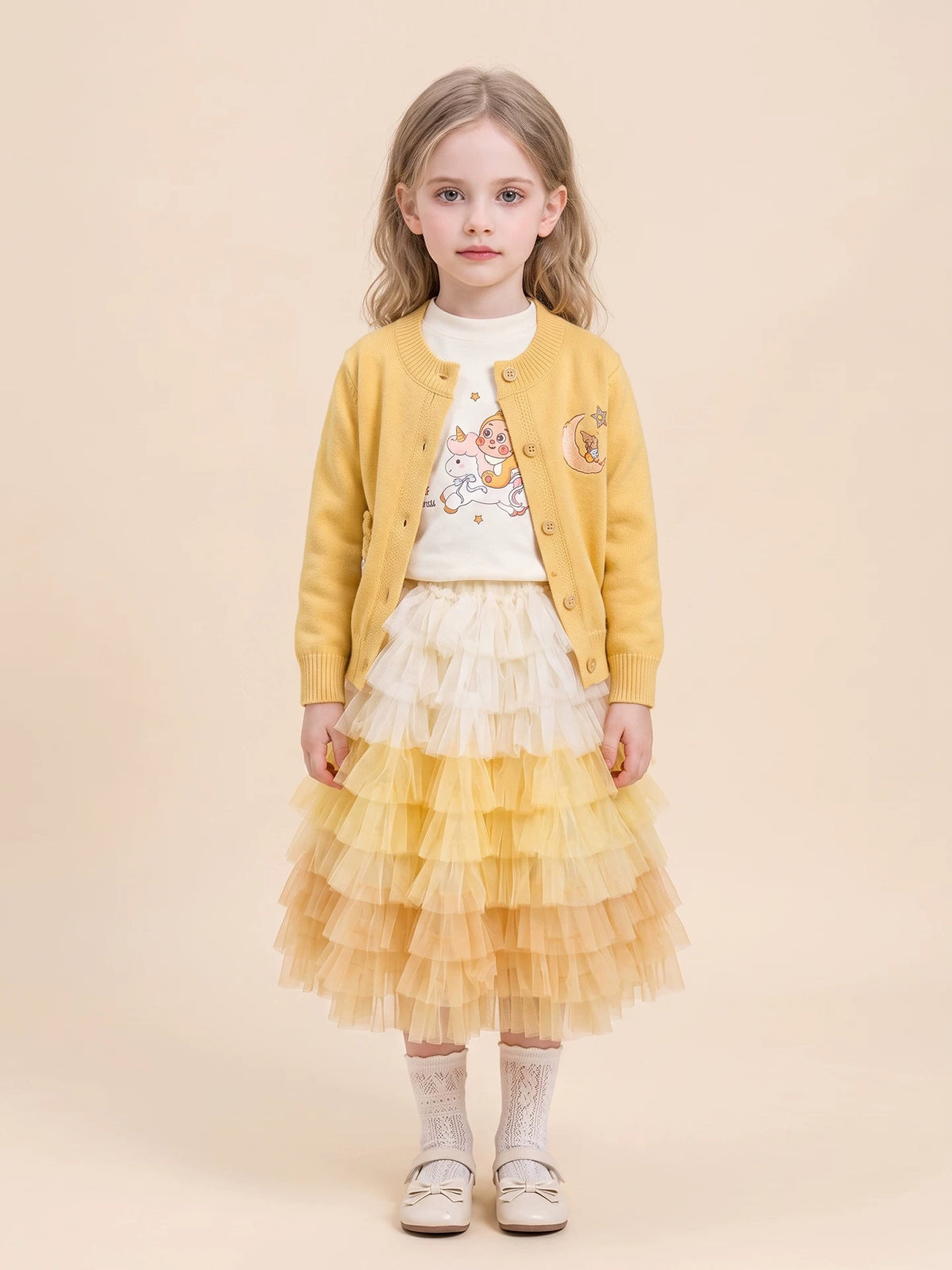 Girls Cartoon Cardigan Three-Piece Set - Knit Top & Tiered Skirt