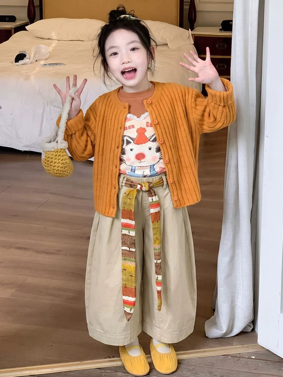 Girls Dopamine Knit Cardigan, Cartoon Tee & Casual Pants Set - Colourful 3-Piece