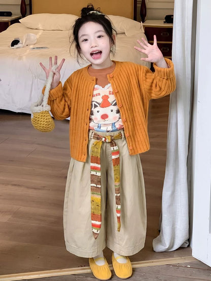 Girls Dopamine Knit Cardigan, Cartoon Tee & Casual Pants Set - Colourful 3-Piece