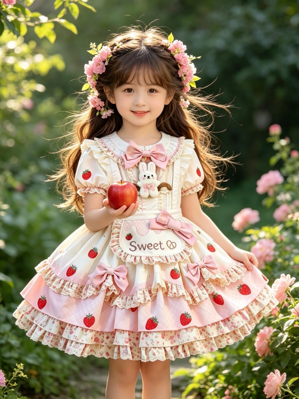 Girls Strawberry Lolita Sundress - Cute Puffy Princess Dress with Hair Accessory