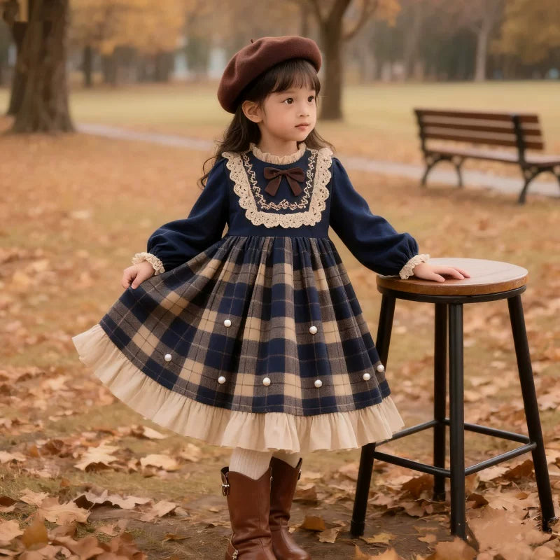 Girls Preppy Plaid Lolita Dress - Fleece-Lined Birthday Princess Gown