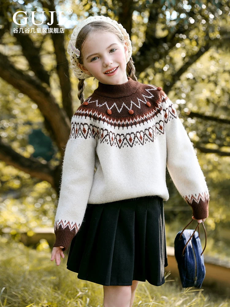 Girls Crew-Neck Knit Sweater - Warm Autumn Base Layer Top