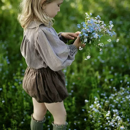 Alice-Style Pure Linen Bubble Shorts - Girls Summer Bottoms
